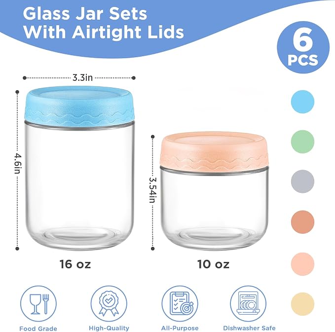 DRKIO 10 & 16 Oz Overnight Oats Containers with Lids - 6 Pack Glass Storage Jars with Airtight Lids Wide Mouth Mason Food Jars Great for Meal Prep Salad Chia Puddirg Snacks Yogurt Sugar Spice Cereal
