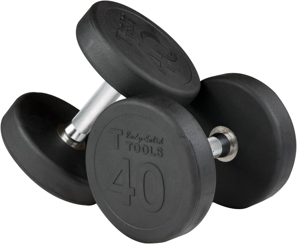Body-Solid (GDR363-SDP) Round Rubber Dumbbell Set with Rack and Floor Mat, Includes 5-40 lb Dumbell Pairs with Chrome-Plated Handles, Commercial and Home Gym Weight Holder for Dumbbells
