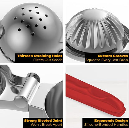 Lemon Squeezer Stainless Steel - Premium Quality, Heavy Duty Solid Metal Squeezer Bowl - Large Manual Citrus Press Juicer and Lime Squeezer (Red)