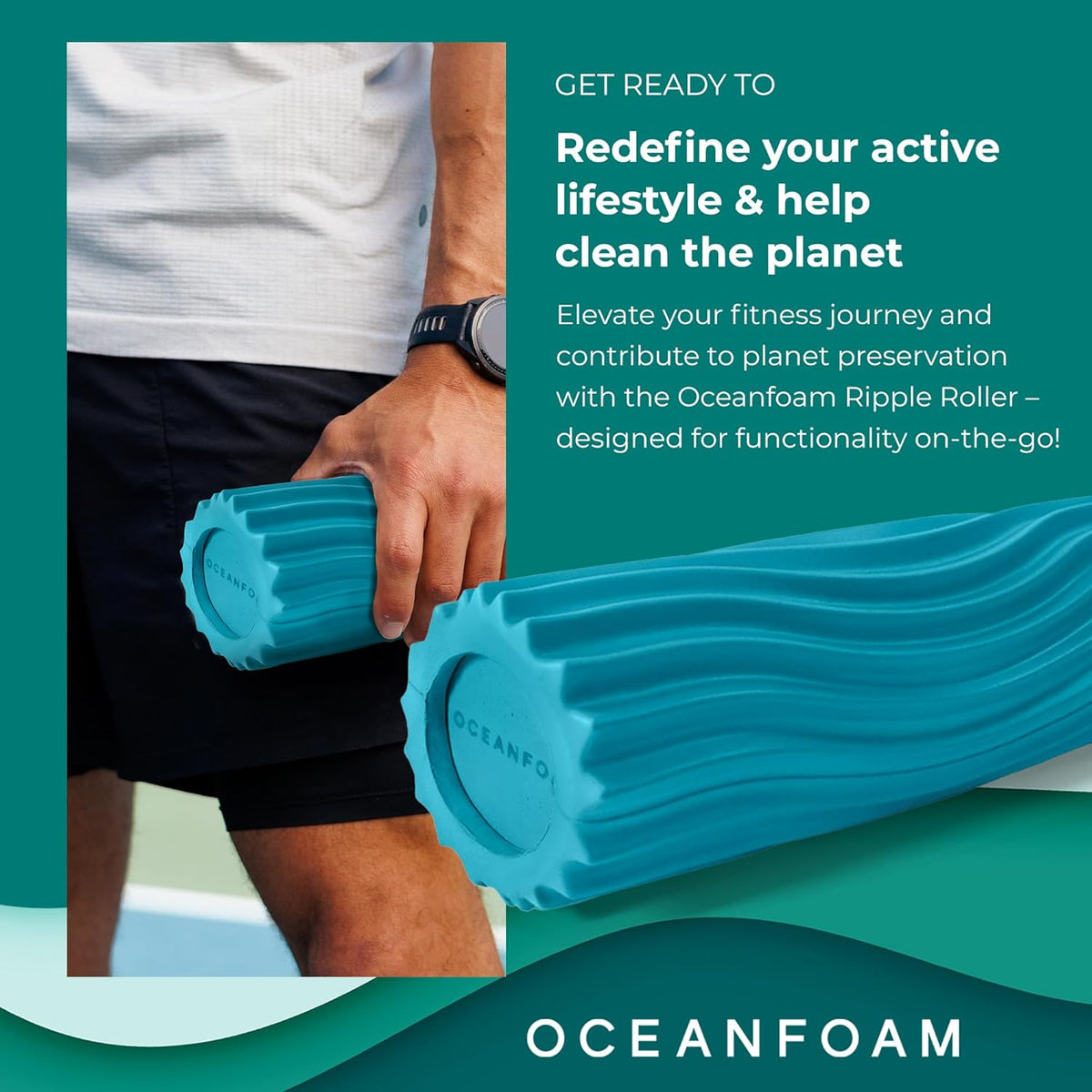 Oceanfoam Ripple Travel Foam Roller (11" x 3.35") Firm Mini Foam Roller for Physical Therapy, Deep Tissue Massage, Back Pain, High Density, Ergonomic Wave Textured, Yoga, Pilate, Exercise (Miami Blue)