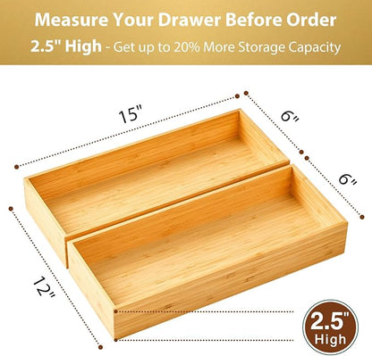 Umilife Bamboo Kitchen Utensils Organizer, Extra High Silverware Drawer Tray, Flatware Cutlery Storage Box, Multi-Use Holder in Office, Bathroom, Pantry - 15"x6"x2.5" (Set of 2)