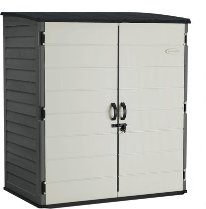 Suncast Extra-Large Vertical Storage Shed for Yard Storage, All-Weather Outdoor Storage Shed with 2 Lockable Doors, 70.5" W x 44.25" D x 77.5" H, Peppercorn, Made in The USA