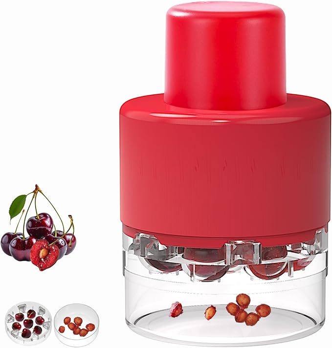 Cherry Pitter, Heavy-Duty 7-in-1 Olive and Cherry Pitters Corer Tool with Space-Saving Lock Design, Multi-Function Cherries Stoner Seed Remover Tool for Making Cherry Jam (Wine Red)