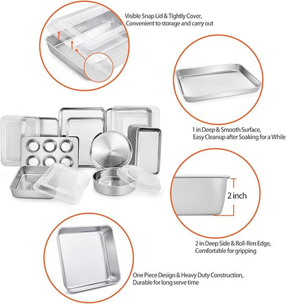 TeamFar Stainless Steel Bakeware Set, 13-Piece Metal Baking Roasting Pans with Lid, Rectangular/Square/Round/Lasagna/Loaf/Muffin Cake Pans, Non-Toxic & Sturdy, Smooth & Dishwasher Safe