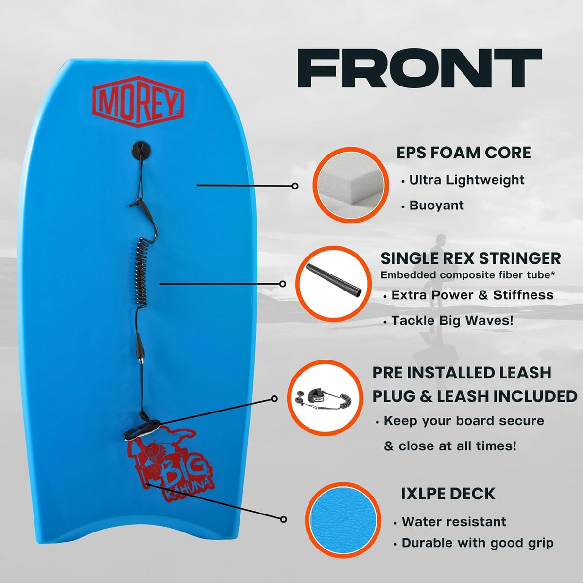 MOREY® Big Kahuna 44" The Original Bodyboard for Tall Riders. Body Board for Beach, Re-Engineered 2025 Model