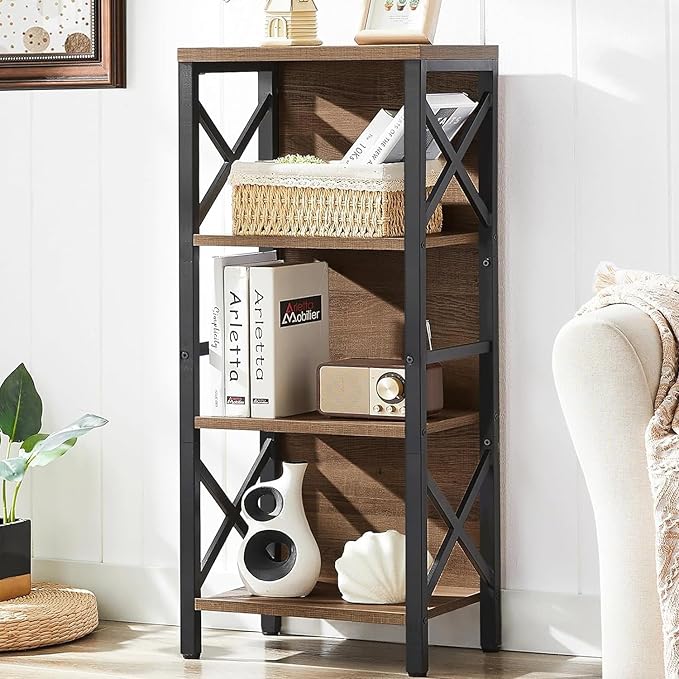 MNEETRUNG Small Bookshelf,4 Tier Industrial Bookcase with Metal Frame and Backboard,Narrow Rustic Brown Book Shelf,Book case for Small Spaces,Living Room,Bedroom and Home Office