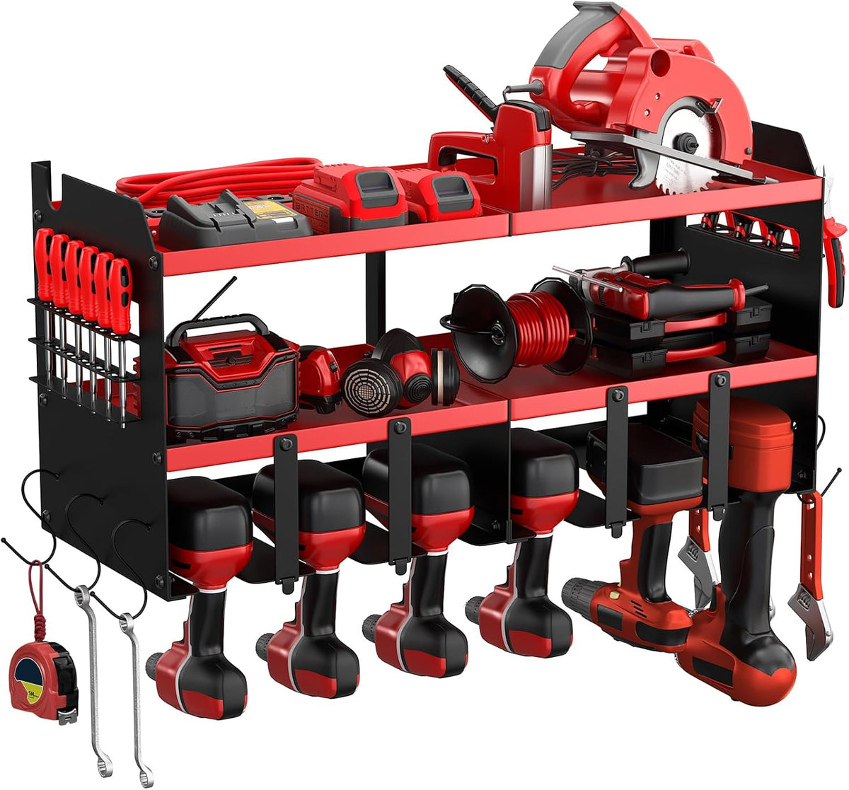 Power Tool Organizer Wall Mount with 6 Drill Holders, Heavy Duty Metal Utility Racks with Large Top Shelf & Side Hooks, Efficient and Organized Storage for Garage, Workshop, Shed, Pegboard