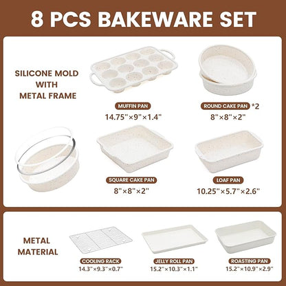 Vinino 8-Piece Baking Pans Set Nonstick, Bakeware Set includes Silicone Muffin, Loaf, Cake Pans with Metal Reinforced Frame, and Carbon Steel Roasting Pan, Cookie Sheet, Cooling rack for Oven-Cream