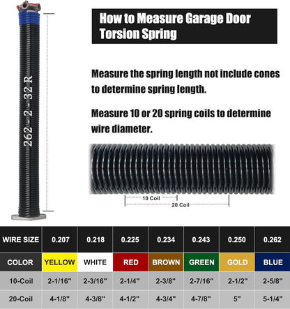 Garage Door Torsion Spring Set, Pair of 2" Electrophoresis Coated Garage Door Spring Replacement with 2 Non-Slip Winding Bars and Bearing, Minimum 16000 Cycles (.262x2x32")