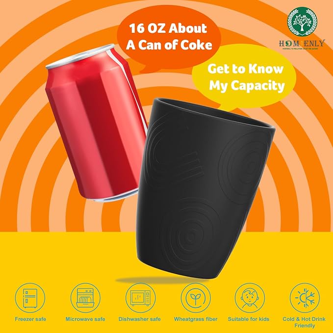 Homienly Drinking Cup Water Tumbler Wheat Straw Cup Set of 8 | Plastic Cups Reusable 16 OZ Drinking Glasses | Unbreakable Stackable Water Tumblers Dishwasher Safe Cup Set for Kitchen - Black