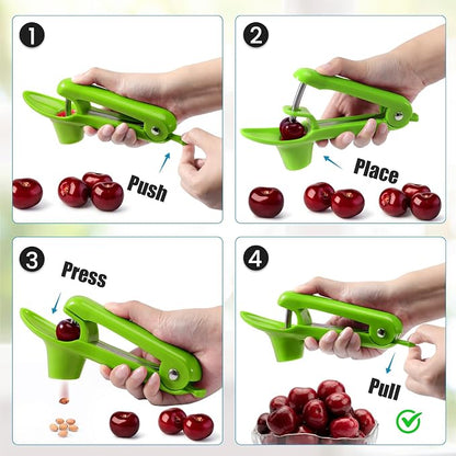 SCHVUBENR Cherry Pitter Tool - Stainless Steel Cherry Corer Pitter with Ergonomic Push Design - Easy to Use for Making Cherry Jam - Pit Cherry with Ease, Saving Time & Space with Lock Design(Green)
