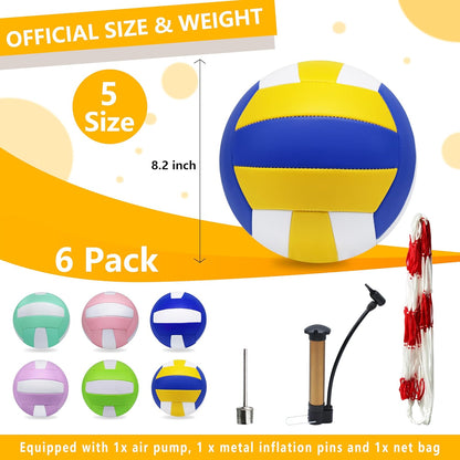 Magicorange Volleyball, 6 Pack Official Size 5 Volleyballs- PU Leather Indoor Outdoor Soft Touch Recreational Volleyballs for Beach Play, Game,Gym,Training -Includes Ball Pump
