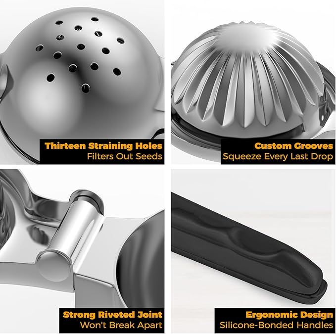 Stainless Steel Lemon Squeezer - Metal Citrus Juicer - Lime Lemon and Fruit Juicer with Silicone Handles - Large Manual Citrus Press Juicer - Hand Held Squeezer - Ergonomic Design with Solid