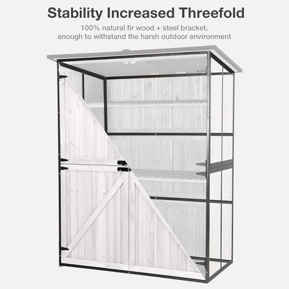 Outdoor Storage Shed with Floor - Waterproof Natural Fir Cabinet with Adjustable Shelves and Double Lock for Anti-Theft - Suitable for Storing Garden Tools and Household Debris (White)