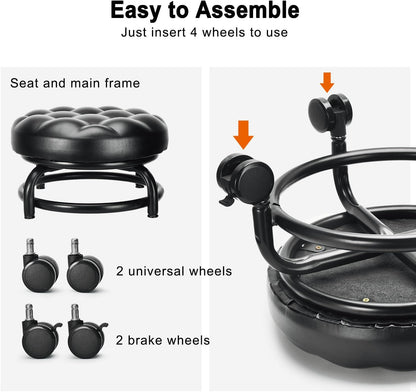 Low Height Rolling Stool Roller Stool PU Leather Comfortable Seat 360°Swivel Rotating, Modern Rolling Chair for Home Office Garage Shop