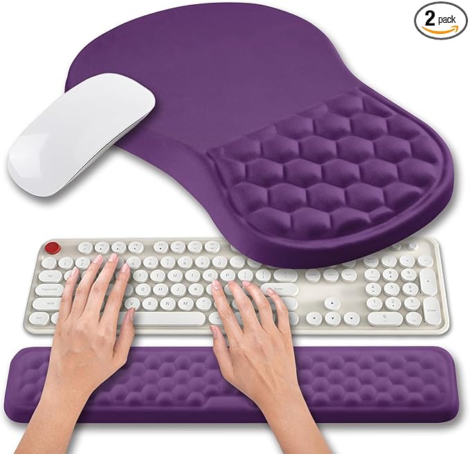 Hokafenle 2 in 1 Ergonomic Mouse Pad Wrist Support & Wrist Rest for Computer Keyboard Set, with Relieve Carpal Tunnel Pain Massage Bulge and Full Memory Gel Design (2In1 Set, Dark Purple)