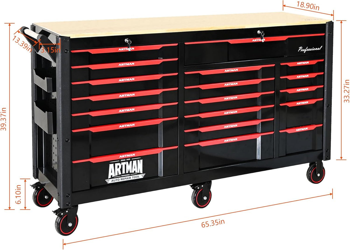 66-Inch Rolling Tool Chest and Workbench with Wheels & 19 Drawers, Lockable Storage Cabinet Stainless Steel for Garage Workshop (Tool Cart)