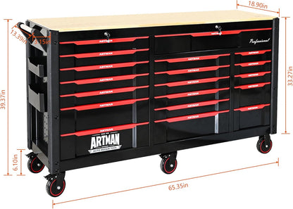 66-Inch Rolling Tool Chest and Workbench with Wheels & 19 Drawers, Lockable Storage Cabinet Stainless Steel for Garage Workshop (Tool Cart)