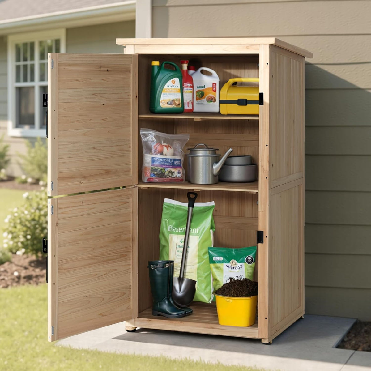 MCombo 30" Deep Wood Sheds & Outdoor Storage, Outside Garden Tool Cabinet Shed with Removable Shelf, Outdoor Storage Cabinet Shed Waterproof for Patio 0786 (Natural)
