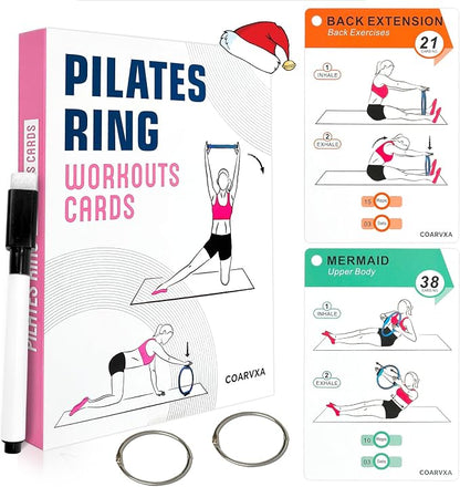 Pilates Ring Workouts for Women-58 Exercise Cards with Pilates Mat Workout Postures，ncludes 4-Week Challenge,2 Rings& Dry-Erase for Easy Organization-Home, Gym or Studio