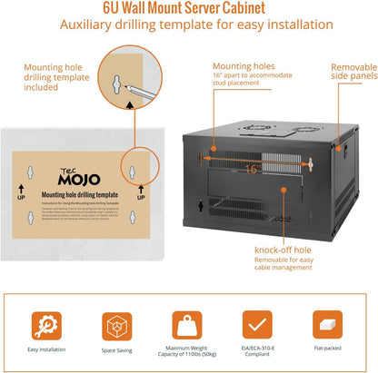 Tecmojo 6U Wall Mount Server Cabinet IT Network Rack Enclosure Lockable Door and Side Panels Black, Cooling Fan, Standard Glass Door, 450mm Depth, for 19” IT Equipment, A/V Devices