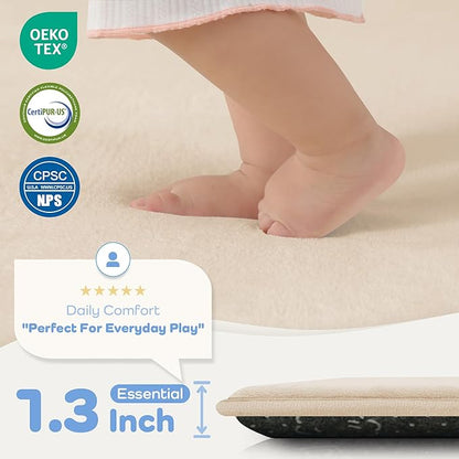 1.3" Thick Baby Floor Play Mat 59x79, Basic Padded Foam Mat for Tummy Time Crawling, Non Slip Cushioned for Babies Toddlers Infants Kids (Beige)