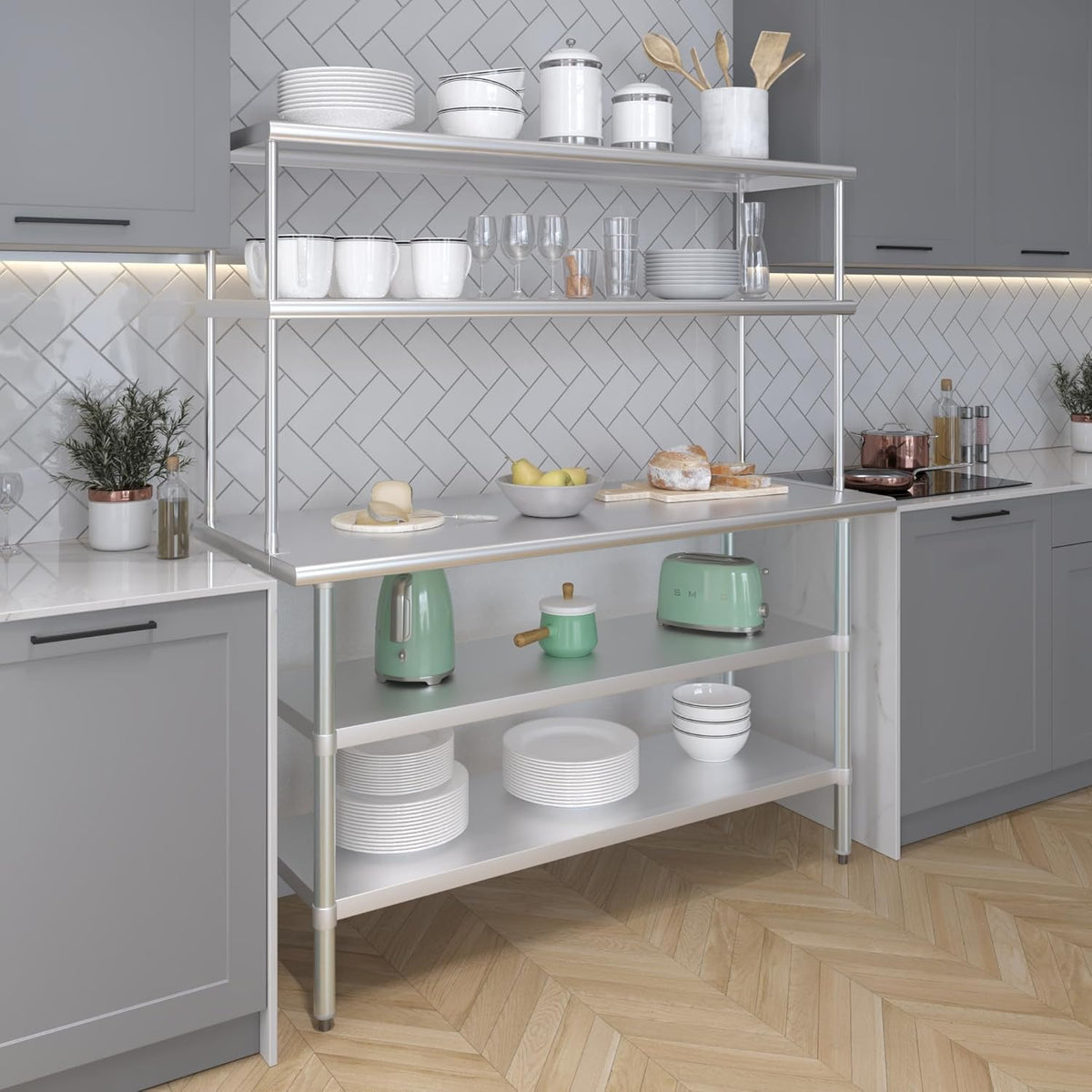 Amgood Stainless Steel Work Table with 2 Shelves | Metal Kitchen Prep Table & Shelving Combo (24" x 60" Table with 2 Shelves + 18" Overshelf)