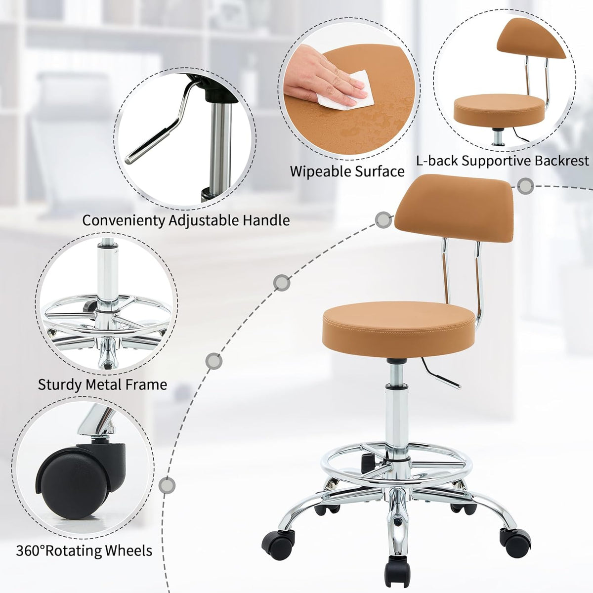 Ergonomic Desk Stool(Sturdy Rolling Stool with Back)(Swivel Armless Office Chair 19.5’’-26.6’’) Adjustable Footrest Salon Chair (Camel Brown)