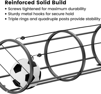 Garage Ball Storage Rack – Freestanding & Wall Mounted Sports Organizer with Elastic Cords Holds 7 Balls – Space Saving Basketball Soccer Football Holder for Home Kids Room