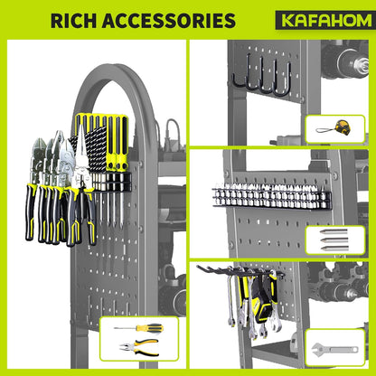 KAFAHOM Power Tool Organizer - 4 Tier Rolling Tool Cart with 8-12 Drill Holder,Tool Storage Cart on Wheels - Heavy Duty Metal Utility Tool Shelf for Garage, Workshop, Warehouse & Repair Shop