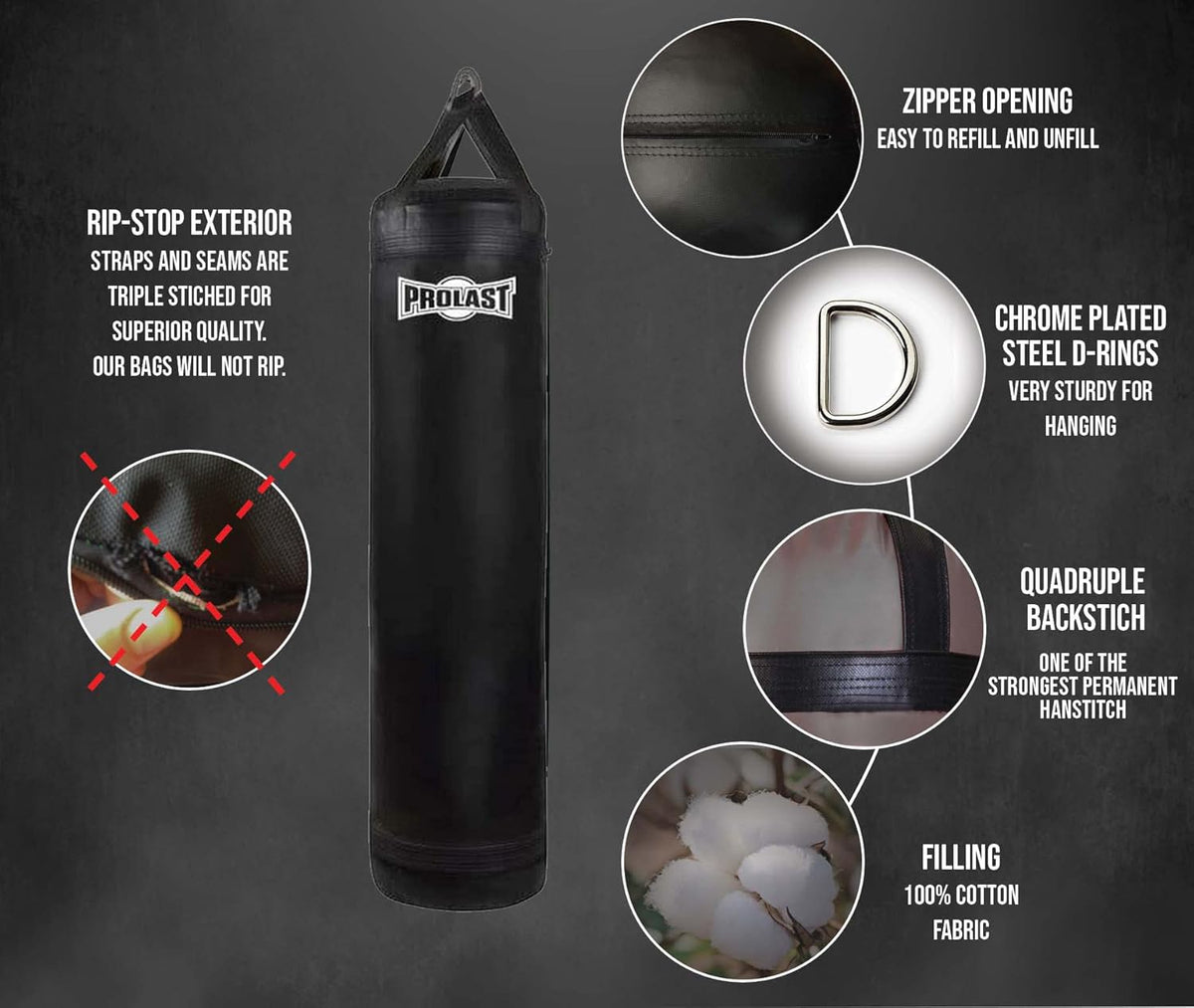 PROLAST Classic 5FT 100LB Black Muay Thai Heavy Bag Made in USA