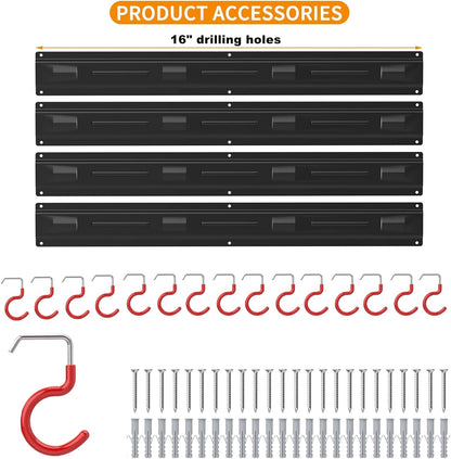 WALMANN All Metal 64 Inch Wall Mount Garden Tool Organizer for Garage, Mop and Broom Holder, Yard Tool Storage Rack for Rake, Shovel, Spade, Mop, Broom(4 Rails, 16 Hooks)