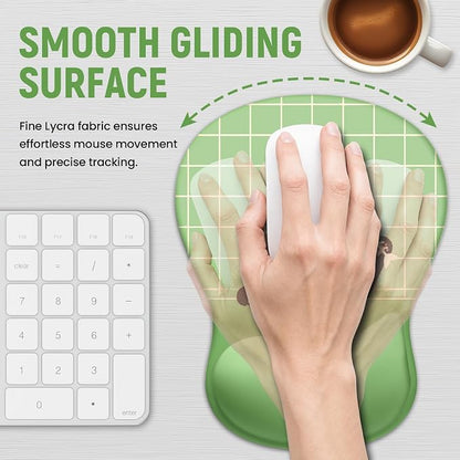 Ergonomic Mouse Pad with Wrist Rest, Gel Wrist Support, Green Cat | 10.2 x 7.6 in Mouse Pad with Smooth Fabric Surface and Non-Slip Rubber Base for Office, Home, Study, and Gaming