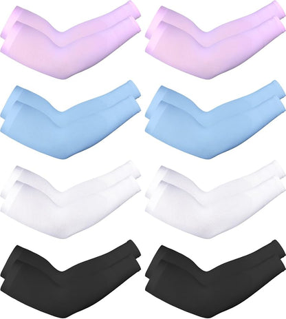 Mudder 8 Pairs UV Sun Protection Cooling Arm Sleeves for Men Women Youth Silk Compression Arm Cover Breathable Outdoors Sport