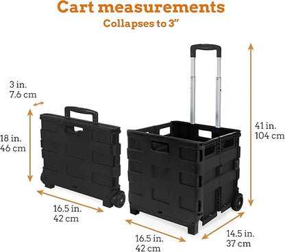 Inspired Living Collapsible Ultra-Slim Pack-N-Roll, 2 Wheel Utility Cart , With Telescopic Handle - Super Strong up to 80 Lbs Load Capacity, Black