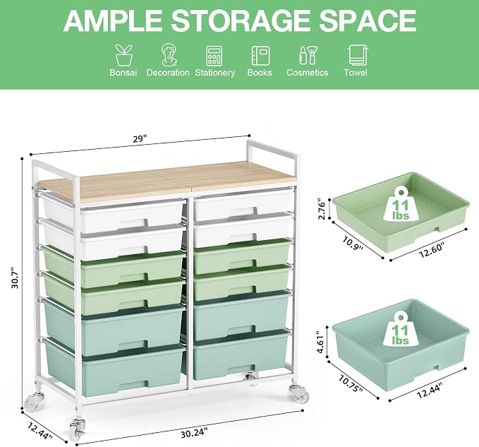 Rolling Storage Cart with 12 Drawers, Wooden Tabletop Utility Cart for Craft Storage, Art Supply Storage & Home Office Organization, Teacher Cart with Wheels for Classroom Organization, School (Green)