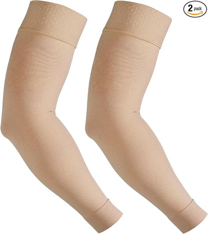 NURCOM Compression Arm Sleeve, 20-30 mmHg, With Silicone, Beige L | For Lymphedema, Lipedema, Pain Relief, Edema, Swelling, Post Surgery Recovery, 2 Pack