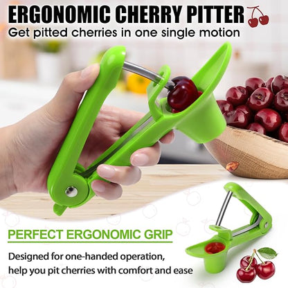 SCHVUBENR Cherry Pitter Tool - Stainless Steel Cherry Corer Pitter with Ergonomic Push Design - Easy to Use for Making Cherry Jam - Pit Cherry with Ease, Saving Time & Space with Lock Design(Green)