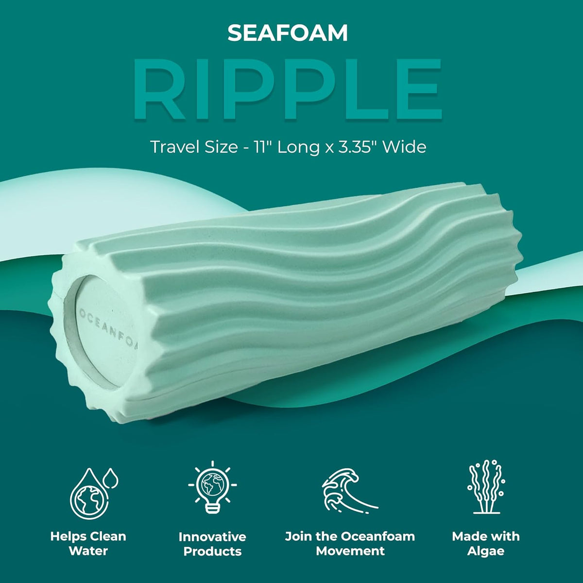 Oceanfoam Ripple Travel Foam Roller (11" x 3.35") Firm Mini Foam Roller for Physical Therapy, Deep Tissue Massage, Back Pain - High Density, Ergonomic Wave Textured - Yoga, Pilates, Exercise (Seafoam)