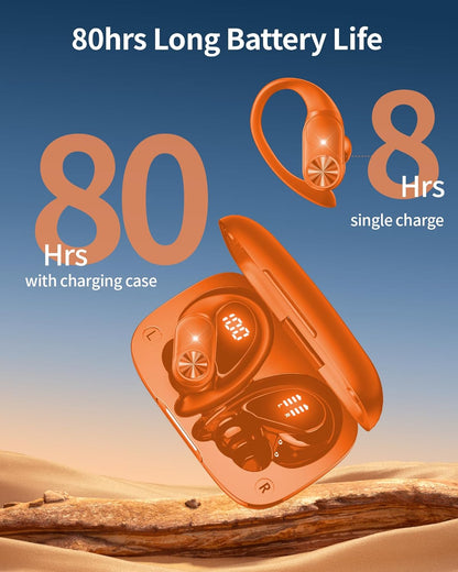 PocBuds Bluetooth Headphones Wireless Earbuds 80hrs Playtime Wireless Charging Case Digital Display Sport Ear Buds with Earhook Deep Bass IPX7 Waterproof Over-Ear Earphones for Phone Laptop Caramel