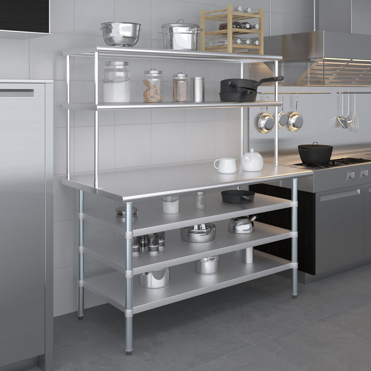 Amgood 30" x 60" Stainless Steel Work Table with 3 Shelves and 18" Wide Double Tier Overshelf | Metal Kitchen Prep Table & Shelving Combo | NSF