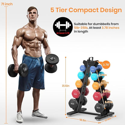 TomCare 6-Tier|5-Tier|4-Tier|2-Tier Dumbbell Rack Stand Only for Home Gym | Stable A-Frame, Fits 5–35 lb Dumbbells, Protective Padded Cradles, Adjustable Feet, Easy-Carry Handle (Stand Only)