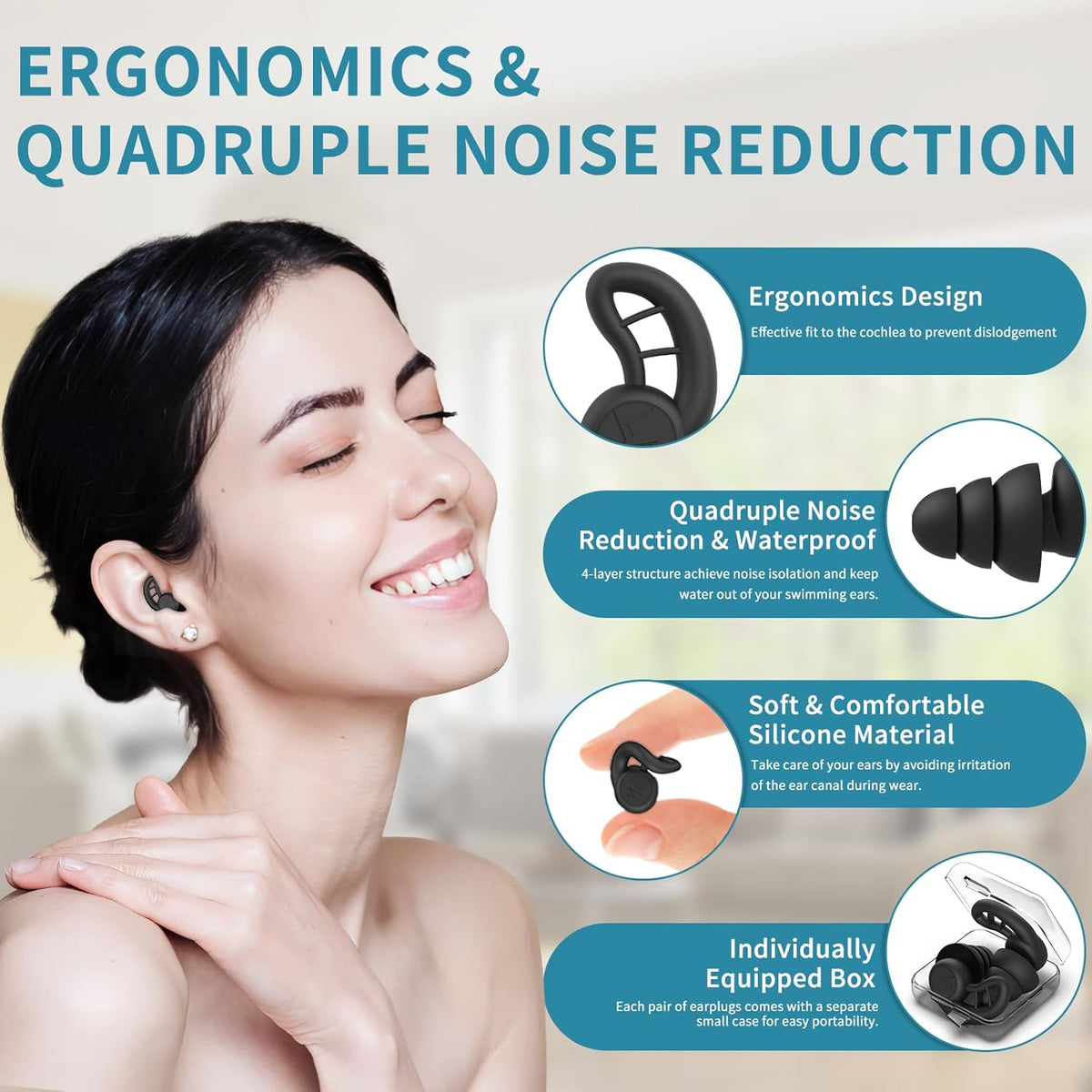 Swimming Ear Plugs for Adults, 4 Pairs Reusable Silicone Waterproof Colorful Swim Earplugs for Swimming Showering Snorkeling Surfing and Water Sports, Water Ear Plugs for Men and Women