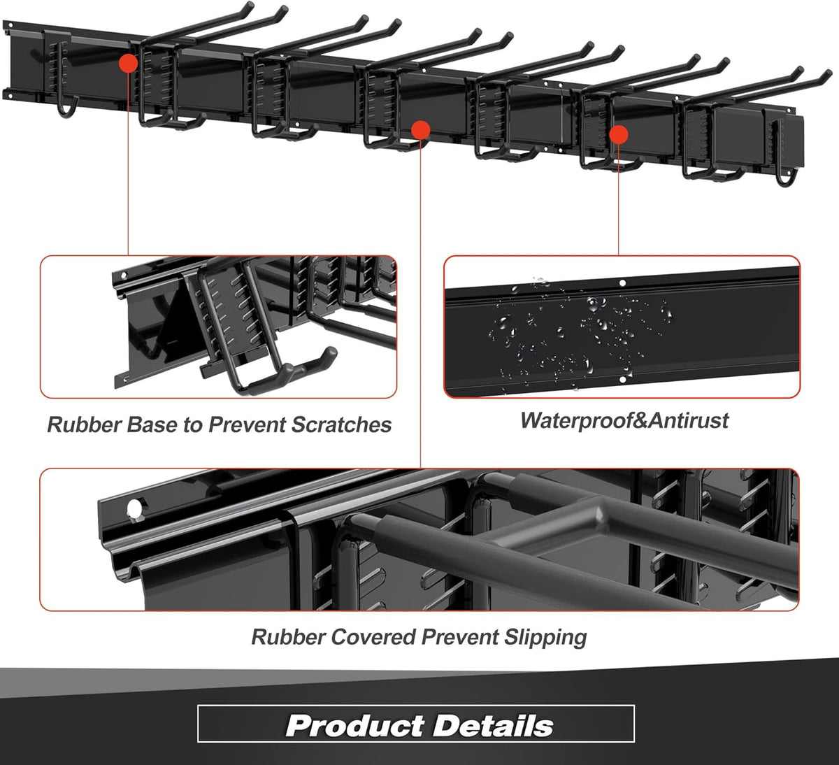Storaboks Heavy Duty Garage Storage Rack System, Wall Mounted Tool Organizer with 8 Double Hooks, 3 Rails, Garden Yard Tools Hanger for Ski Gears, Broom, Rake, Shovel