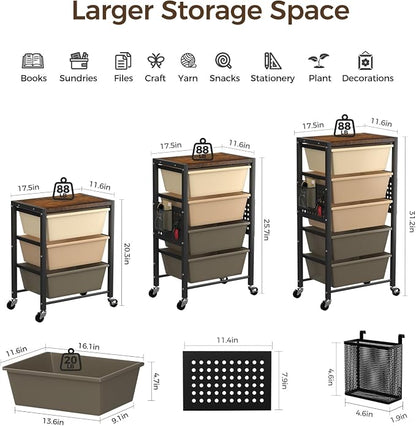 Rolling Cart with 3 Drawers, Plastic Drawer Storage Carts with Lockable Wheels & Wooden Tabletop, Metal Utility Cart Organizer, Office Bedroom Classroom Craft Organization and Storage, Dark Brown