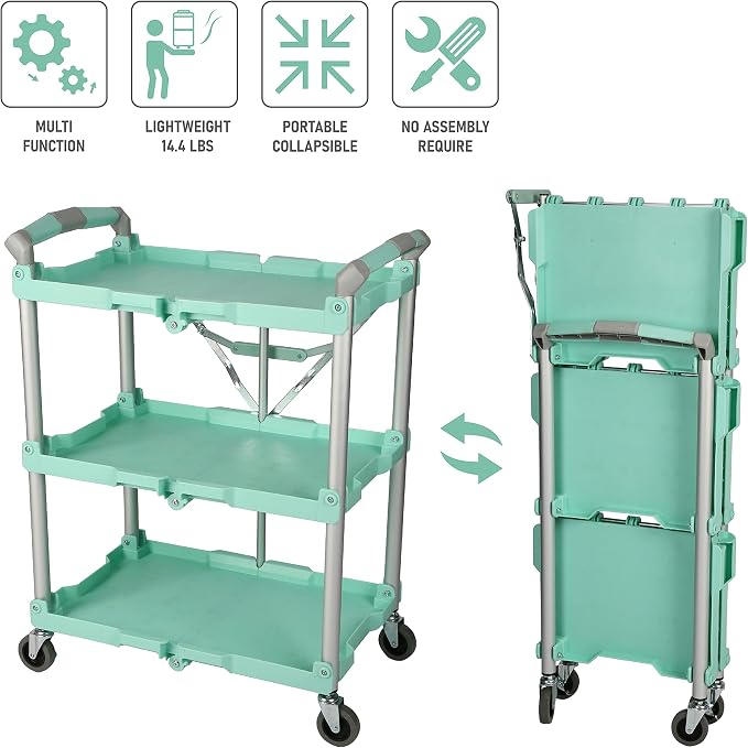 Olympia Tools 89-349 Pack-N-Roll Folding Collapsible Service Cart, 150LB Capacity, Teal
