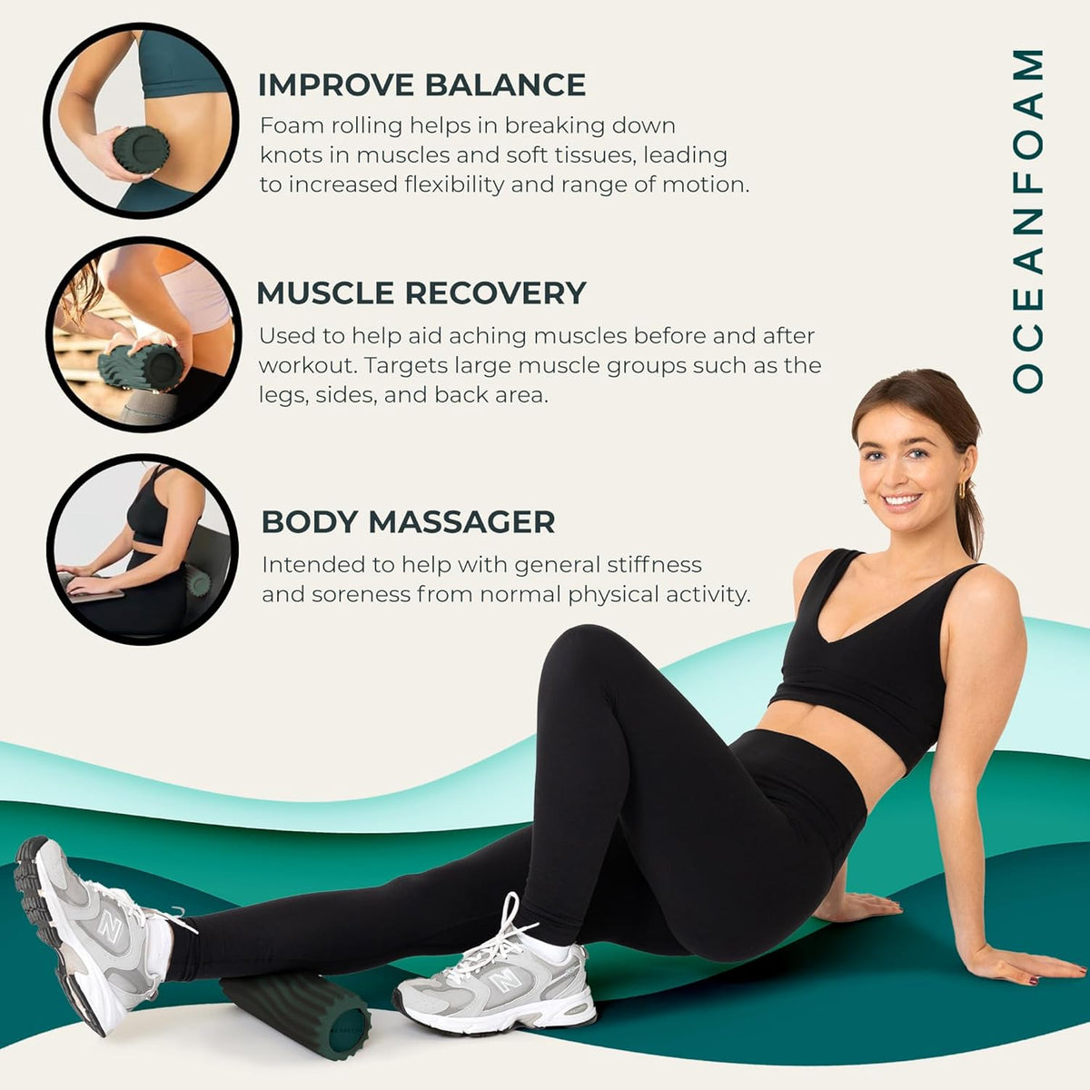 Oceanfoam Ripple Travel Foam Roller (11" x 3.35") Firm Mini Foam Roller for Physical Therapy, Deep Tissue Massage, Back Pain - High Density, Ergonomic Wave Textured - Yoga, Pilates, Exercise (Hunter)