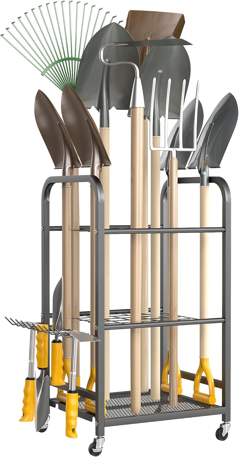 Ultrawall Garden Tool Organizer Stand, Yard Tool Storage Rack with Lockable Wheels, Garage Tool Storage for Rake, Brooms, Indoor & Outdoor Use