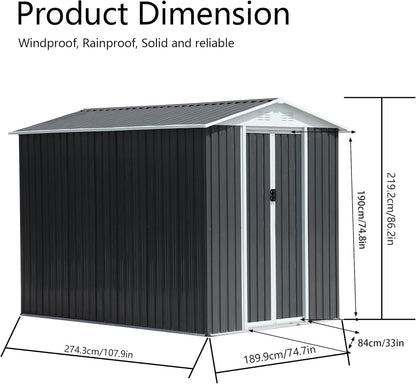 6x9 FT Outdoor Storage Shed, Metal Garden Shed with Lockable Sliding Doors, Outside Tool Shed with Sloped Roof & 4 Air Vents, Waterproof Storage Building for Backyard, Patio, Lawn, Gray