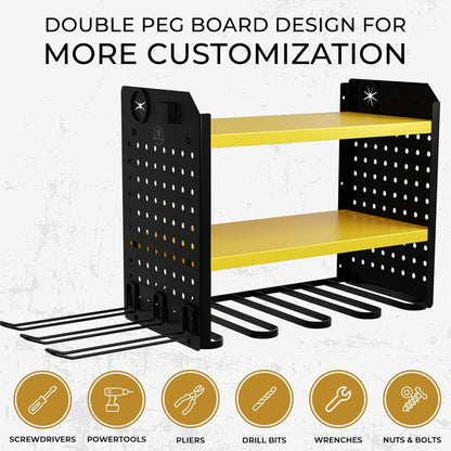 Power Tool Organizer - 6 Drill Holder Wall Mount, 3 Tier Heavy-Duty Hand Storage Rack, Utility Racks, 2 Pegboard Sides - Garage Cordless Organizer (Yellow)